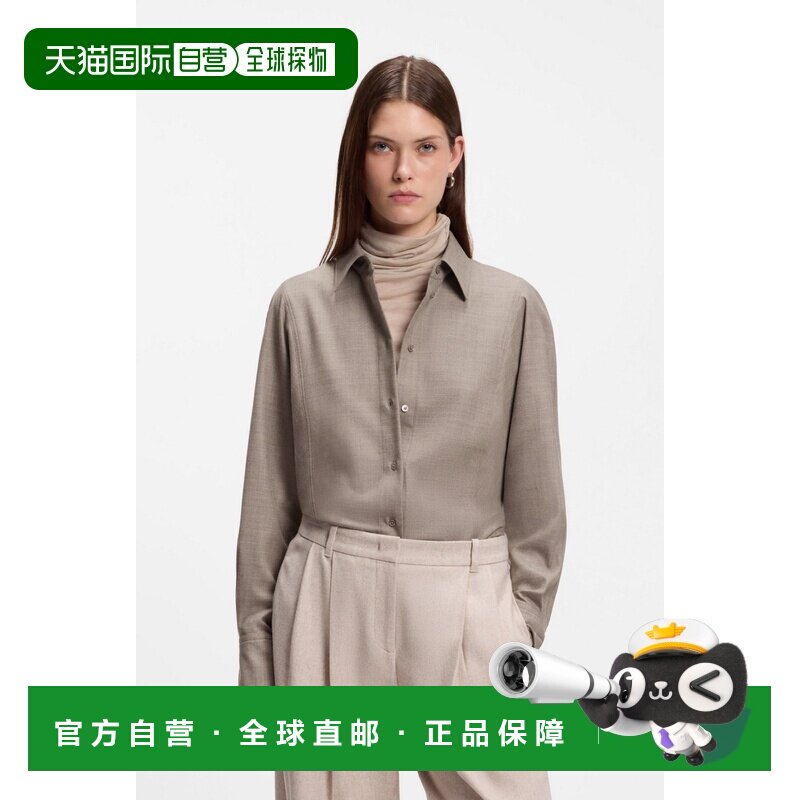 自营欧洲直邮HUGO BOSS雨果博斯 女士棕色羊毛亚麻法兰绒修身衬衫