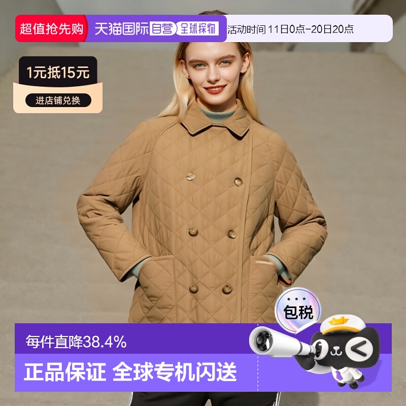 【自营】欧洲直邮BURBERRY博柏利女士棕色Logo标贴翻领双排扣棉服