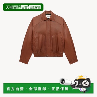 自营欧洲直邮YSL圣罗兰 女士棕色羔羊皮拉链闭合飞行员夹克皮衣