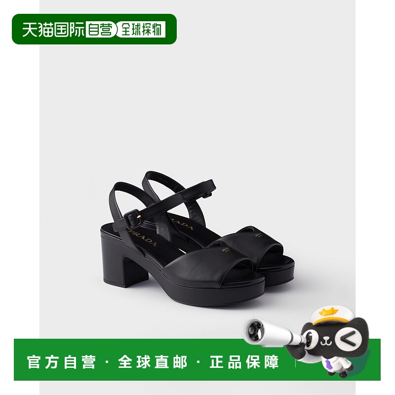 自营欧洲直邮Prada普拉达 女士黑色羔羊皮丝印字母标识凉鞋中跟鞋