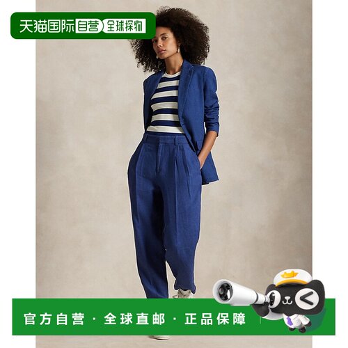 自营欧洲直邮Ralph Lauren拉夫劳伦 女士深皇家蓝亚麻锥形褶皱长