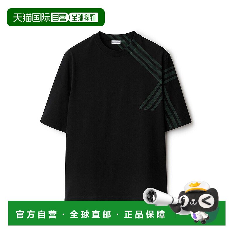 自营欧洲直邮Burberry/博柏利 男士黑色棉格纹印花圆领短袖T恤