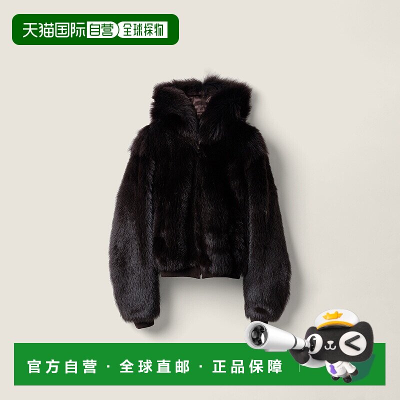 欧洲直邮MIU MIU (2025新品) 连毛羊皮连帽夹克羊毛经典皮草外套
