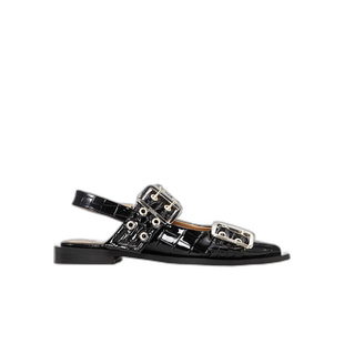 香港直邮Ganni女式方扣芭蕾鞋S2796尖头绑带金色平底凉鞋正品夏季