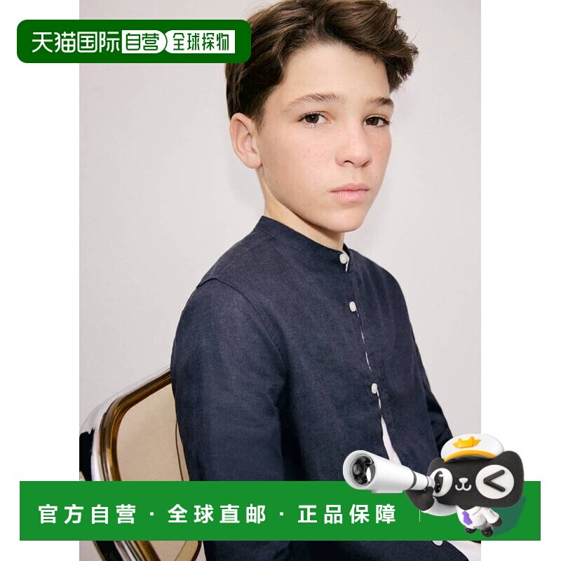 欧洲直邮MANGO 男孩深海军蓝亚麻棉质圆领长袖衬衫