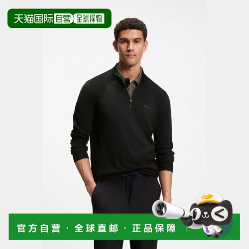 自营欧洲直邮HUGO BOSS雨果 男士黑色棉质聚酯纤维混纺拉链领毛衣