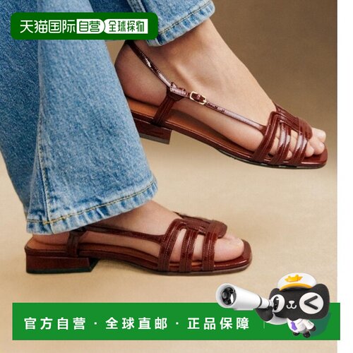 自营欧洲直邮Sezane 女士酒红棕色漆皮平底凉鞋单鞋