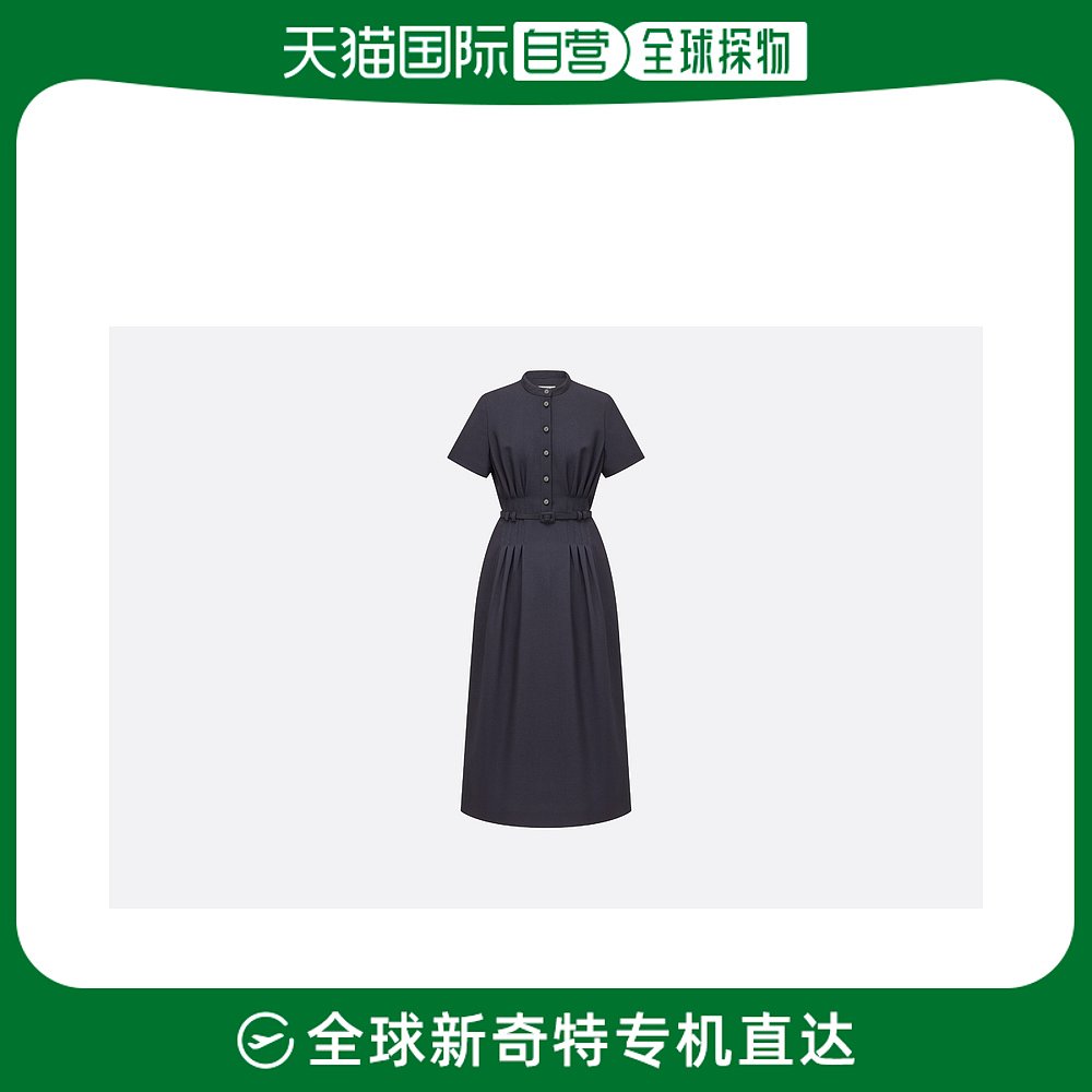 欧洲直邮Dior迪奥女士连衣裙海军蓝带腰带系腰时尚褶皱短袖时尚