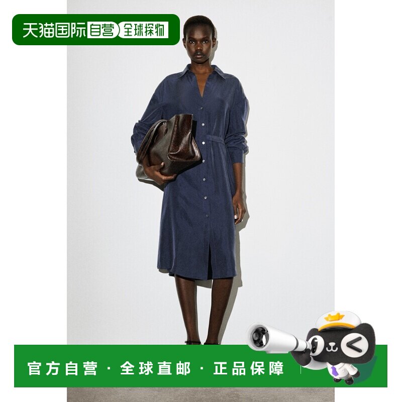 自营欧洲直邮COS 女士蓝色桑蚕丝褶皱中长衬衫裙女装图片