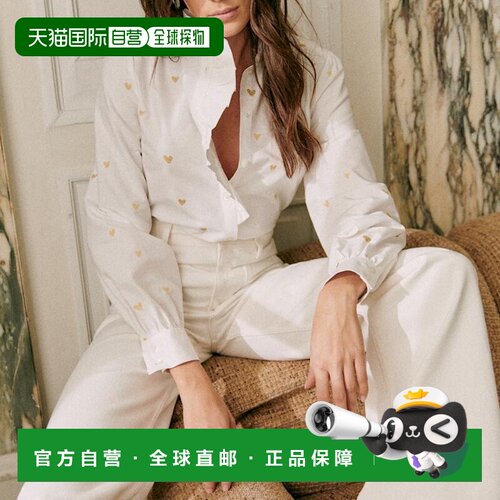 自营欧洲直邮Sezane 女士白色/金色棉衬衫新款长袖泡泡袖通勤