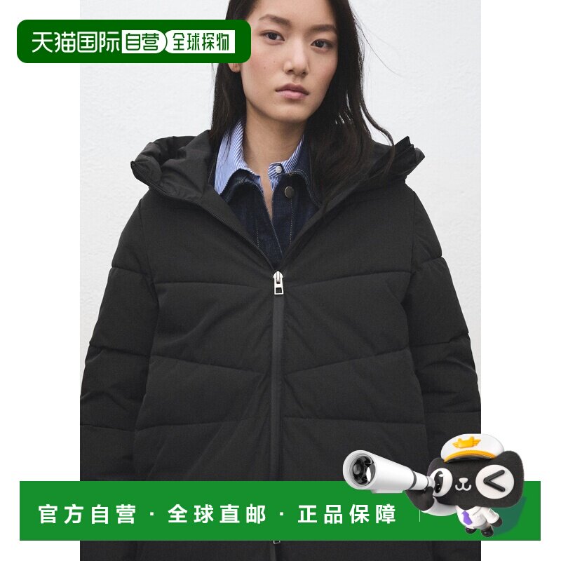 自营欧洲直邮Mango芒果 女士黑色带帽绗缝防风外套