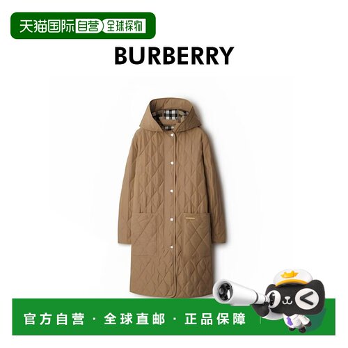 自营欧洲直邮Burberry博柏利 女士棕色聚酰胺绗缝细节徽标连帽棉
