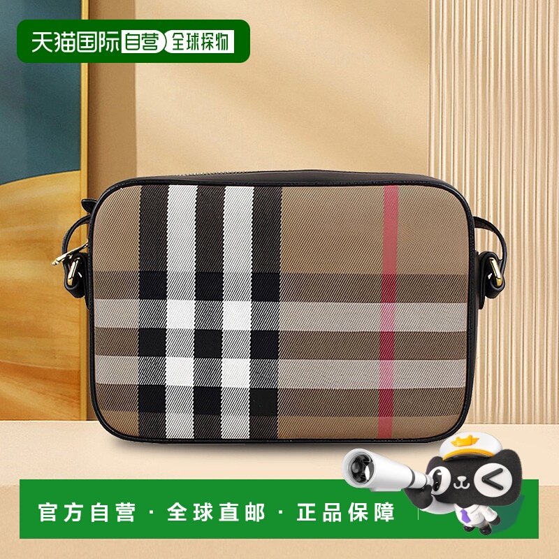 自营BURBERRY博柏利女士牛皮帆布拼色相机拉链斜挎包