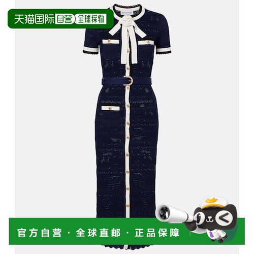 香港直邮Self-Portrait 女士 蝴蝶结装饰网眼提花棉混纺中长连衣