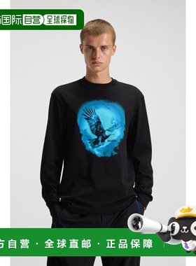 自营欧洲直邮Hugo Boss 男士黑色棉彩色鹰图案长袖T恤