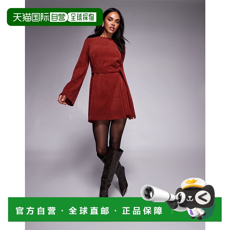 1h可退 香港直邮ASOS 女士 设计沟纹袖腰带灯芯绒迷你酒红色连衣