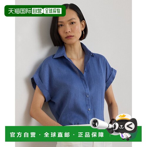 自营欧洲直邮Ralph Lauren拉夫劳伦 女士牛仔蓝色亚麻短袖休闲衬