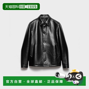 自营欧洲直邮Prada普拉达 男士黑色羔羊皮纽扣开合大衣外套皮衣