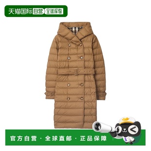自营欧洲直邮BURBERRY 女士灰褐色锦纶双排扣带腰带连帽羽 博柏丽
