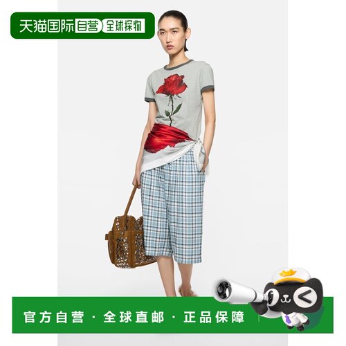 自营欧洲直邮Acne Studios 女士灰色/红色棉麻混纺印花短袖T恤