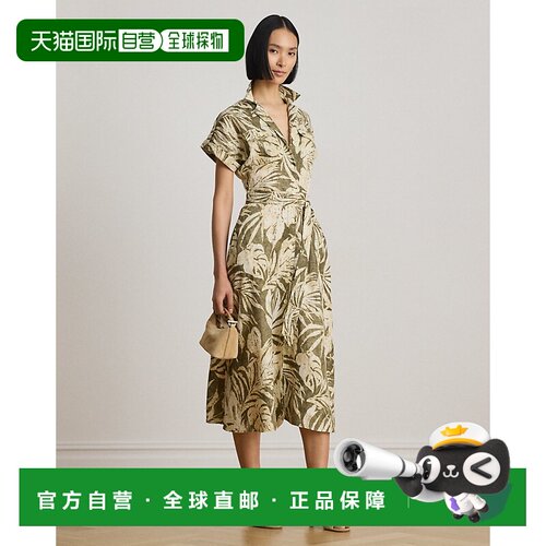 自营欧洲直邮Ralph Lauren拉夫劳伦 女士橄榄色亚麻棕榈印花衬衫