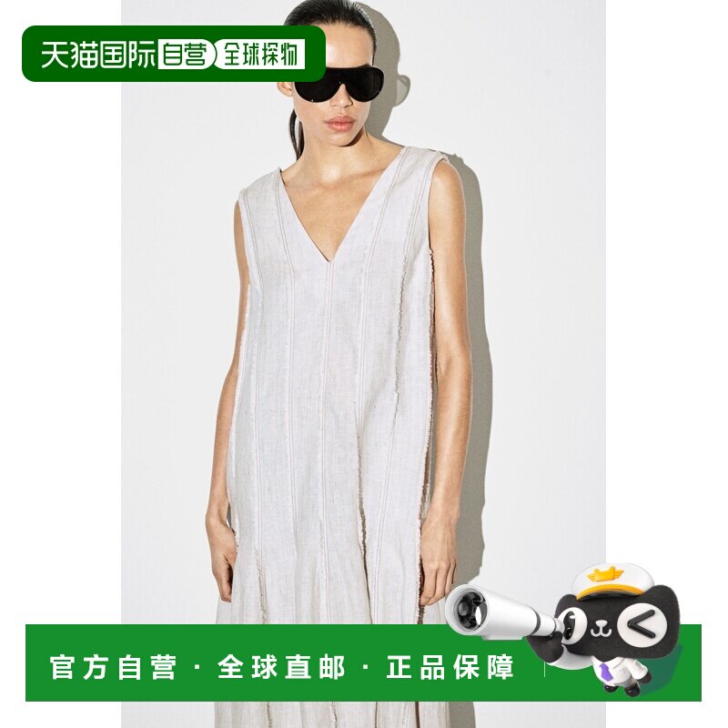 自营欧洲直邮COS 女士灰色亚麻雕塑感褶皱中长连衣裙吊带图片