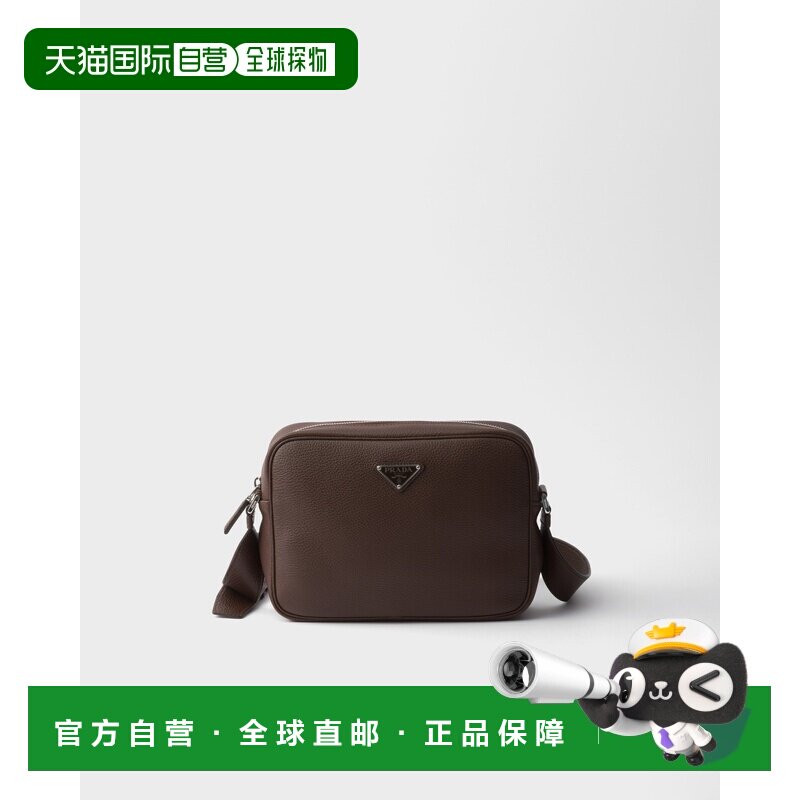 自营欧洲直邮Prada普拉达 男士赭石色小牛皮金属三角标识拉链开合