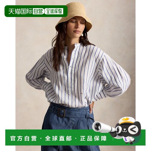 自营欧洲直邮Ralph Lauren拉夫劳伦 女士皇家白条纹亚麻衬衫