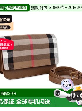 自营欧洲直邮Burberry博柏利女包黑色皮革格纹翻盖磁扣开合单肩包