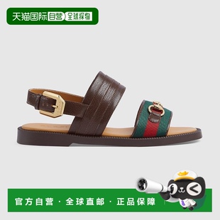 自营欧洲直邮Gucci古驰女孩棕色皮革马衔扣和织带儿童凉鞋 新款