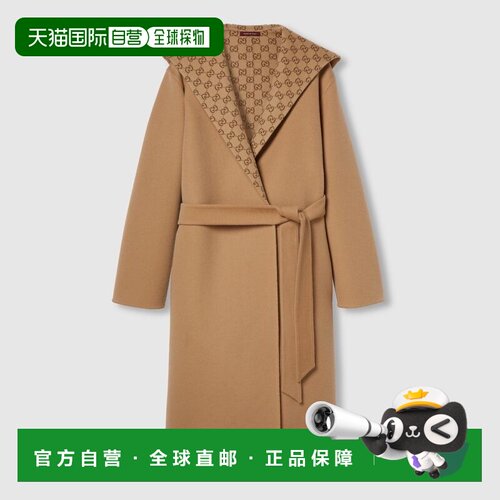 自营欧洲直邮GUCCI古驰 GG卡其色/乌木色羊毛真丝双面大衣外套