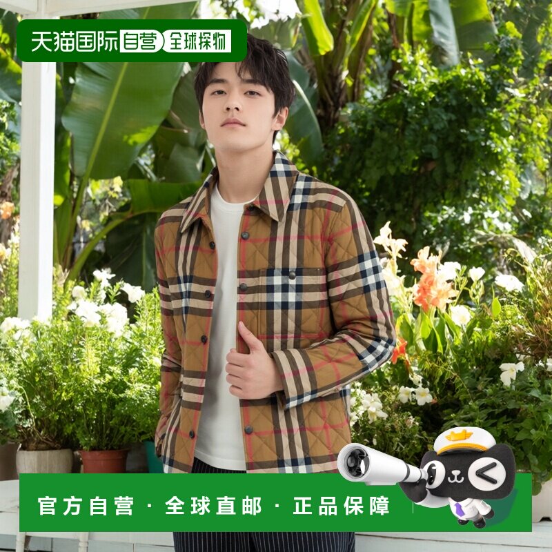 自营BURBERRY博柏利 男士灰褐色棉质网格纹长排扣棉服情