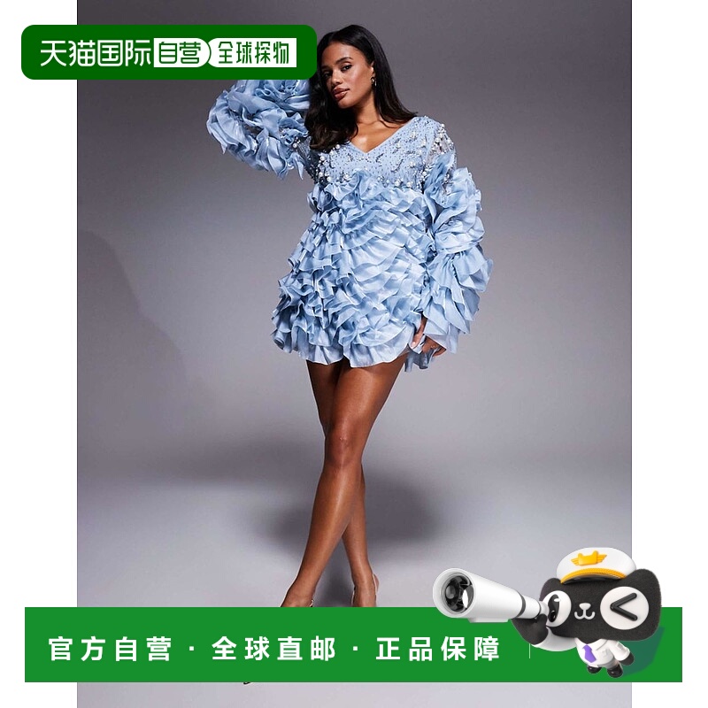 1h可退 香港直邮ASOS 女士 奢华精饰长袖皱褶迷你中长蓝色连衣裙