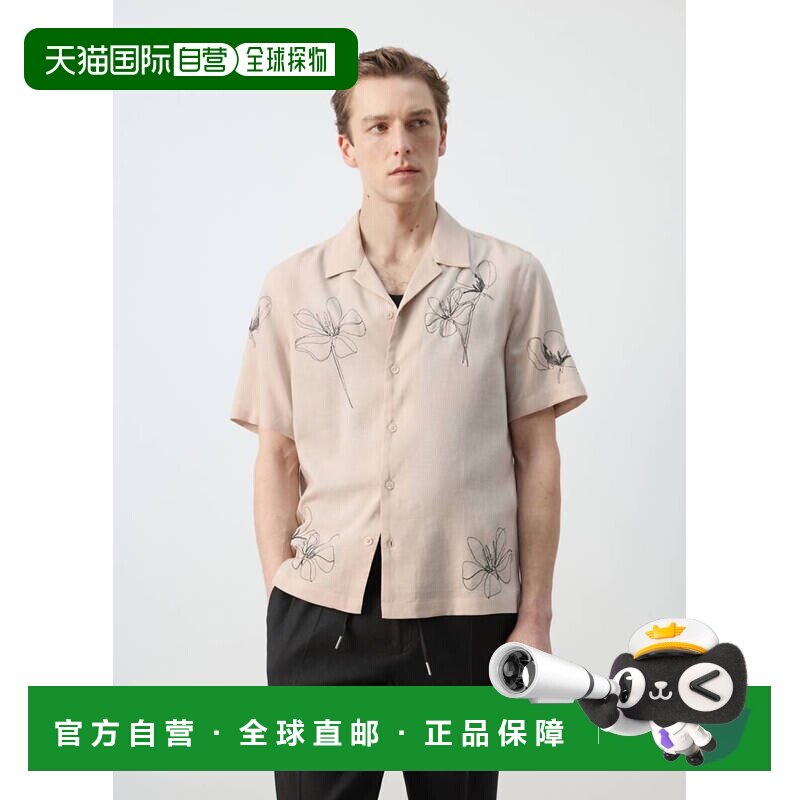 自营欧洲直邮MANGO 男士米色莱赛尔亚麻混纺刺绣常规版型衬衫