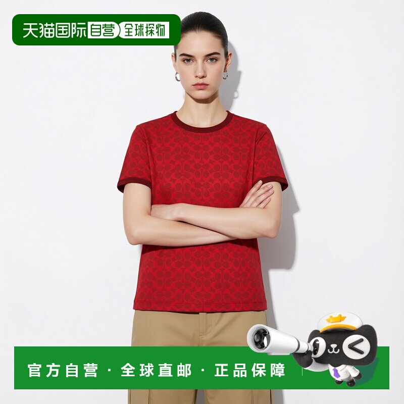 自营欧洲直邮Coach蔻驰 女士红色有机棉滚边T恤