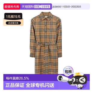 连 式 自营欧洲直邮BURBERRY博柏丽 女士米色棉质格纹图案系腰衬衫