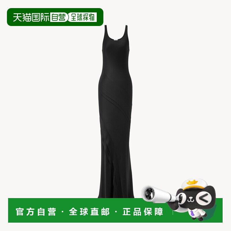 欧洲直邮自营YSL圣罗兰 女士黑色真丝螺旋裙摆褶皱无袖连衣裙长裙