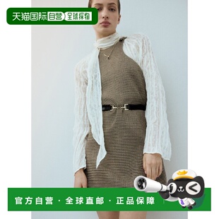自营欧洲直邮Mango芒果 女士棕色千鸟格羊毛混纺连衣裙