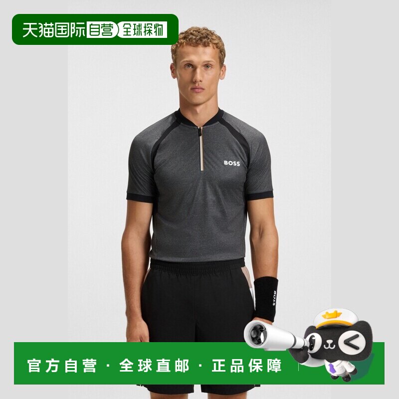 自营欧洲直邮Hugo Boss 男士深灰色聚酯纤维修身短袖Polo衫针织衫
