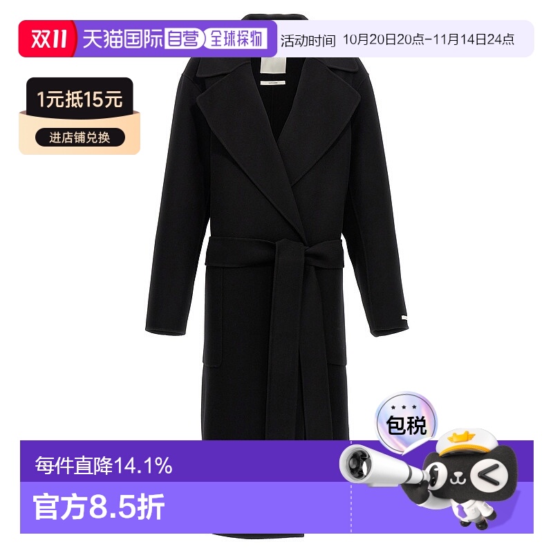【自营】欧洲直邮MAX MARA Sportmax女士黑色羊毛腰带翻领大衣