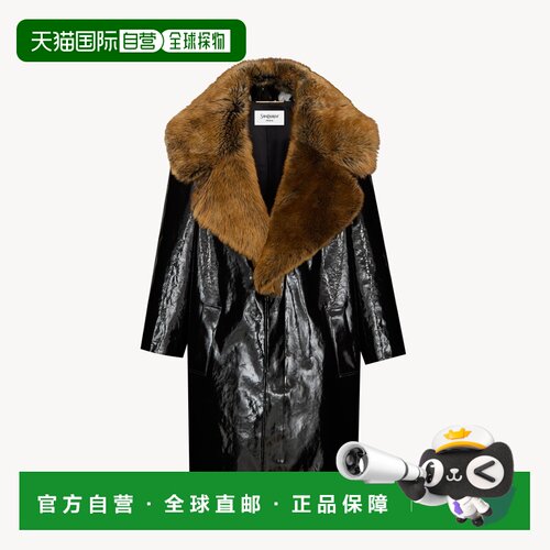 自营欧洲直邮YSL圣罗兰 女士黑色漆面帆布剪羊毛茧形大衣