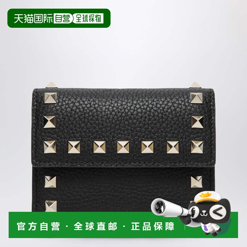 香港直邮valentino 华伦天奴 女士 铆钉三摺木纹小牛皮钱包(黑色)