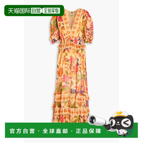 1h可退 香港直邮FARM RIO 女士 荷叶边印花乔其纱长款连衣裙 3062