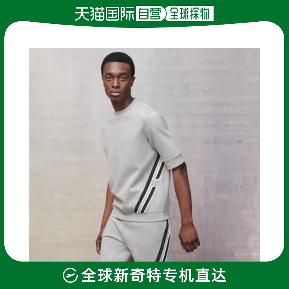 欧洲直邮Hermes爱马仕男士T恤线条装饰圆领宽松雾白色耐磨时尚