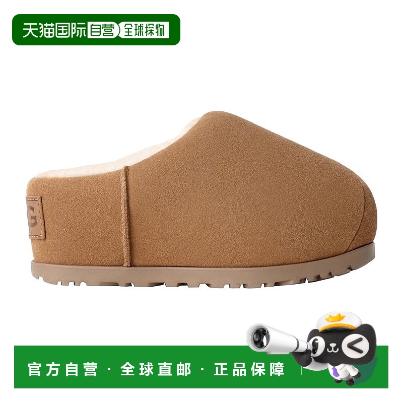 自营欧洲直邮UGG24新款 女士绒鞋面压花徽标皮革标签骡子鞋褐麂皮