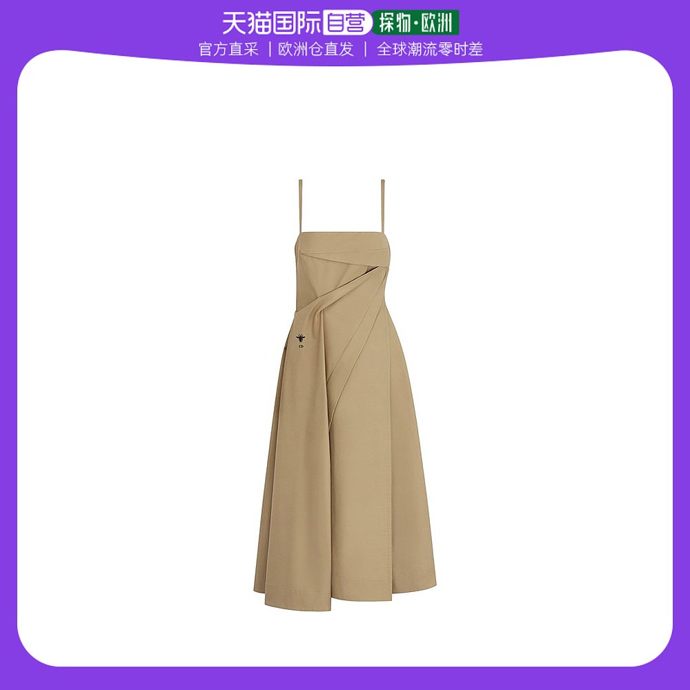 欧洲直邮DIOR/迪奥23新款 女米色棉质华达呢中长款吊带褶裥连衣裙