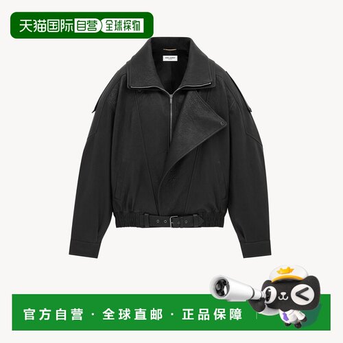 自营欧洲直邮YSL圣罗兰 女士黑色羔羊皮拉链闭合飞行员夹克立领