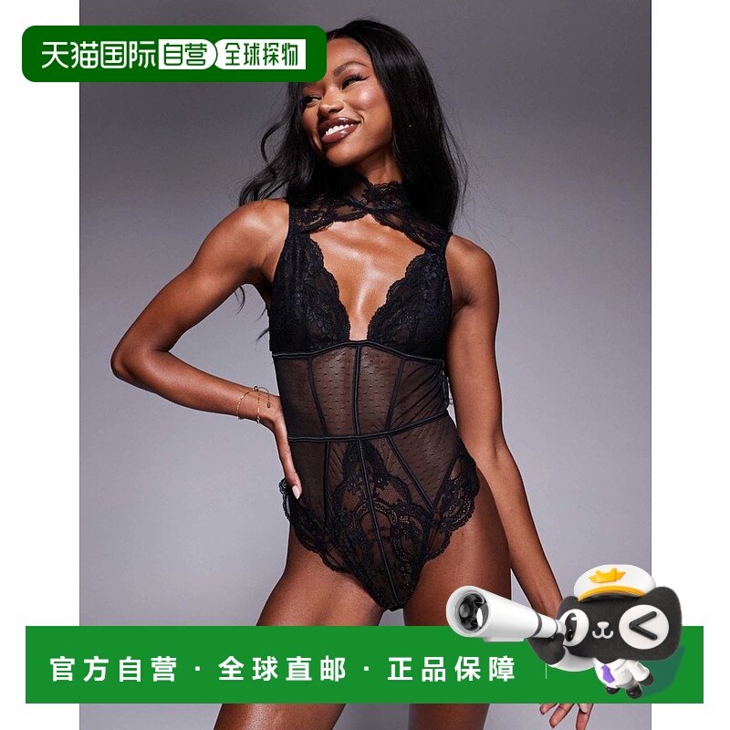 1h可退 香港直邮ASOS 女士 Lola 设计蕾丝高领剪口上衣(黑色)