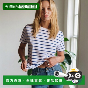 自营欧洲直邮Sezane 女士白色/亮蓝色棉质T恤短袖条纹