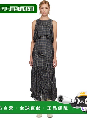 1h可退 香港直邮GANNI 甘尼 女士 海军蓝 Check Ruffle 连衣裙 W1